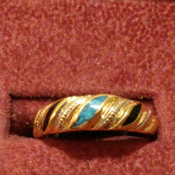 Black Onyx/Turquoise Inlay 14K Gold Plated NWOT Size  7 - Picture 4 of 8